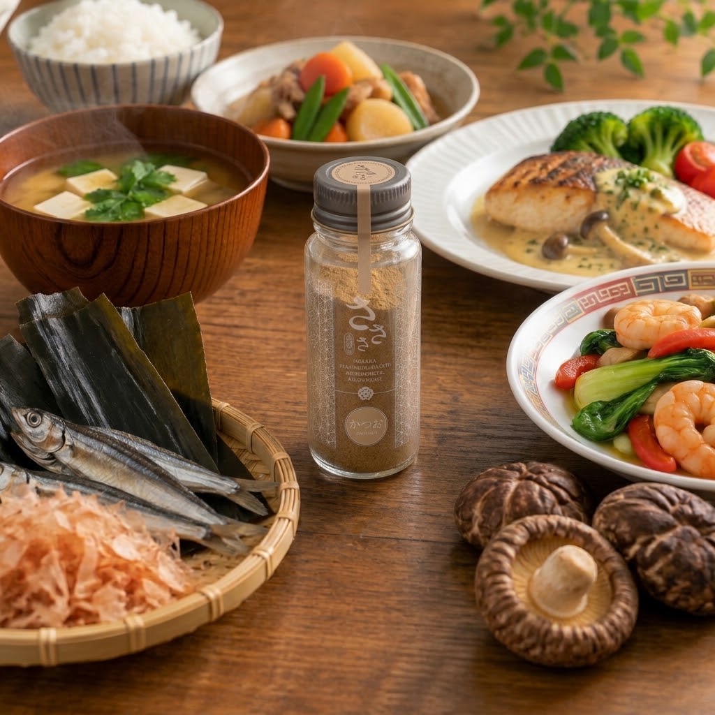 国産6種の粉末だし「さささ」｜和洋中のごはんに、ひとふりで素材の風味を